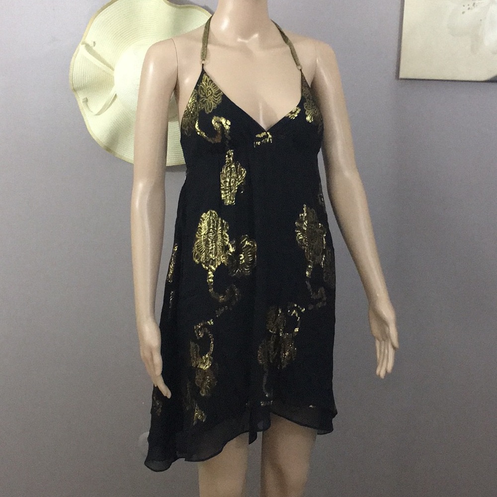 LaRok - silk black and gold halter dress size S